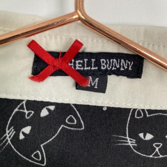 Hell Bunny Shirt Womens Medium Black Cat Print Short Sleeve Button Top Novelty - Picture 3 of 13